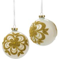 Pallina in vetro colore bianco con fiore per albero di Natale -Ø 12 cm set da 2 pezzi