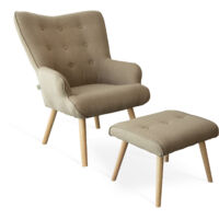 Poltrona con poggiapiedi in tessuto imbottita, design moderno da salotto h 97 cm -Tortora