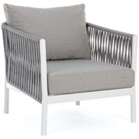 Poltroncina "Florencia" con braccioli e cuscino, struttura in alluminio, intreccio con corde, 60 cm -Bianco