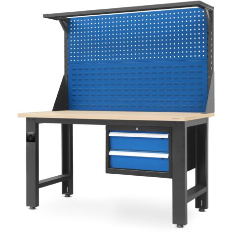 Werkbank mit Werkzeuglochwand Werktisch mit 2 Schubladenc Steckdose Metall MDF Tischplatte Belastbar bis 600 kg Pulverbeschichtung 170 cm x 150 cm x 75 cm (Anthrazit-Blau)