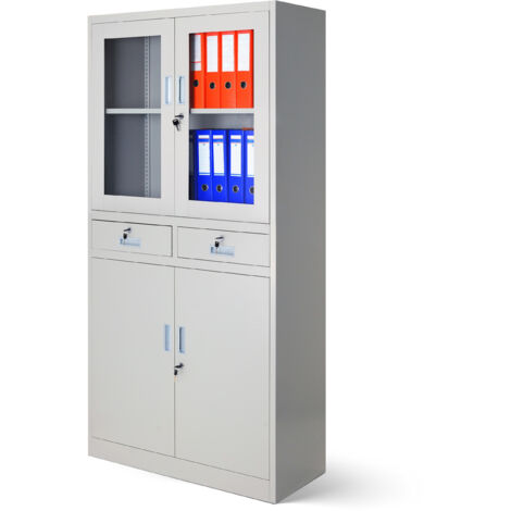 Aktenschrank C017 mit 2 Schubladen Medizinschrank Büroschrank 2 Abeteile Pulverbeschichtung Stahlblech 185 cm x 90 cm x 40 cm (Grau) (1/5)