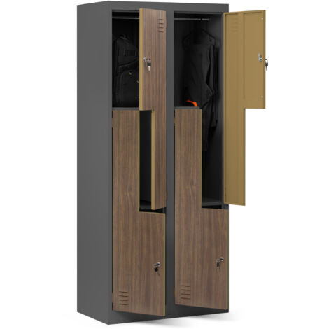 Jan Nowak Umkleideschrank Z02 Spind mit 4 Abteilen Kleiderspind Metallschrank Flügeltür Lüftungsschlitzen Pulverbeschichtung 185 cm x 80 cm x 45 cm (Anthrazit-Holzoptik)