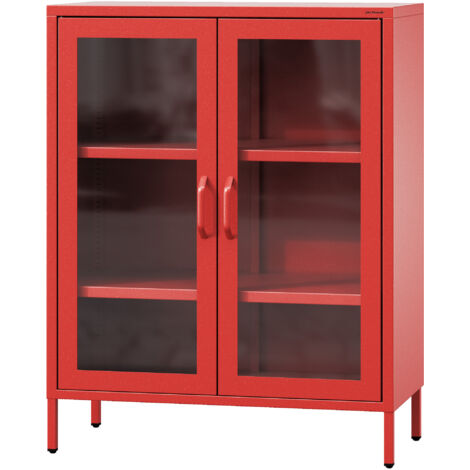 Jan Nowak kleiner Vitrinenschrank Kommode mit 2 Glastüren Gina 2 verstellbare Einlegeböden Standschrank aus Metall, 80 x 101,5 x 40 cm, Rot
