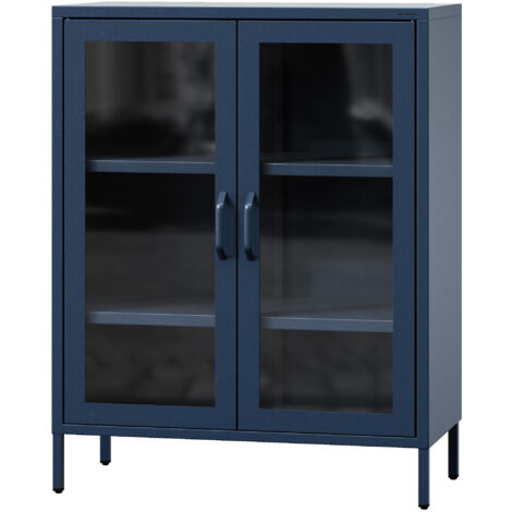 Jan Nowak kleiner Vitrinenschrank Kommode mit 2 Glastüren Gina 2 verstellbare Einlegeböden Standschrank aus Metall, 80 x 101,5 x 40 cm, Dunkelblau