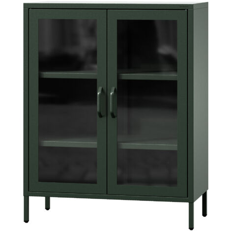 Jan Nowak kleiner Vitrinenschrank Kommode mit 2 Glastüren Gina 2 verstellbare Einlegeböden Standschrank aus Metall, 80 x 101,5 x 40 cm, Flaschengrün