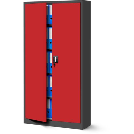 Jan Nowak Aktenschrank C001H Büroschrank Metallschrank Stahlschrank Werkzeugschrank Stahlblech Pulverbeschichtet Flügeltürschrank Abschließbar 195 cm x 90 cm x 40 cm - anthrazit/rot