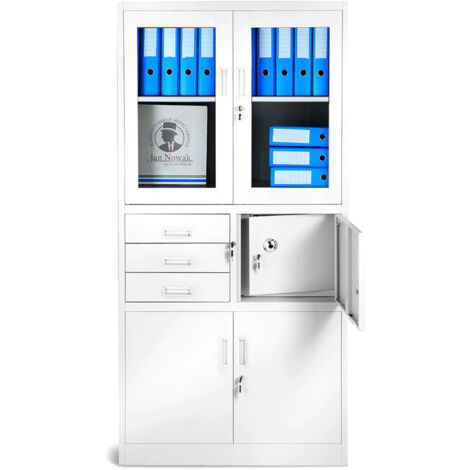 Jan Nowak C018S Aktenschrank Büroschrank Metallschrank Tresor Safe Geheimfach Flügeltüren Schubladen Pulverbeschichtung Stahlblech 185 cm x 90 cm x 40 cm weiss