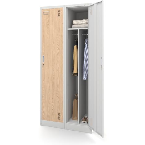 Jan Nowak Stahlspind Garderobenschrank Spind Kleiderspind Doppelspind 2 Abteile Flügeltüren Trennwand Pulverbeschichtung 180 cm x 80 cm x 50 cm (H x B x T) (weiß-holzoptik) (1/5)