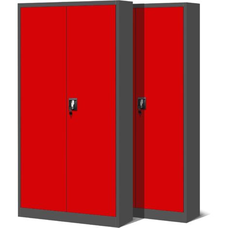 2er Set Aktenschrank C001H Büroschrank Metallschrank Stahlschrank Werkzeugschrank Stahlblech Pulverbeschichtet Flügeltürschrank Abschließbar 195 cm x 90 cm x 40 cm (anthrazit/rot)