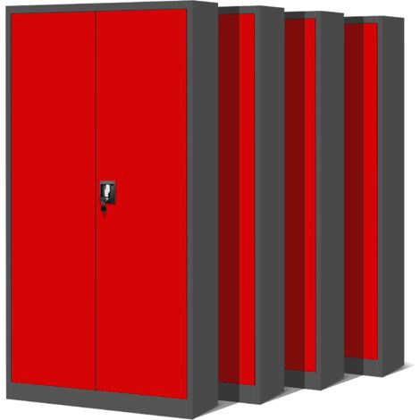 4er Set Aktenschrank C001H Büroschrank Metallschrank Stahlschrank Werkzeugschrank Stahlblech Pulverbeschichtet Flügeltürschrank Abschließbar 195 cm x 90 cm x 40 cm (anthrazit/rot)