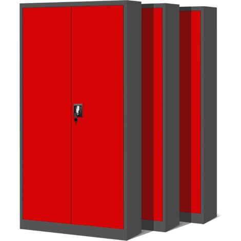 3er Set Aktenschrank C001H Büroschrank Metallschrank Stahlschrank Werkzeugschrank Stahlblech Pulverbeschichtet Flügeltürschrank Abschließbar 195 cm x 90 cm x 40 cm (anthrazit/rot)