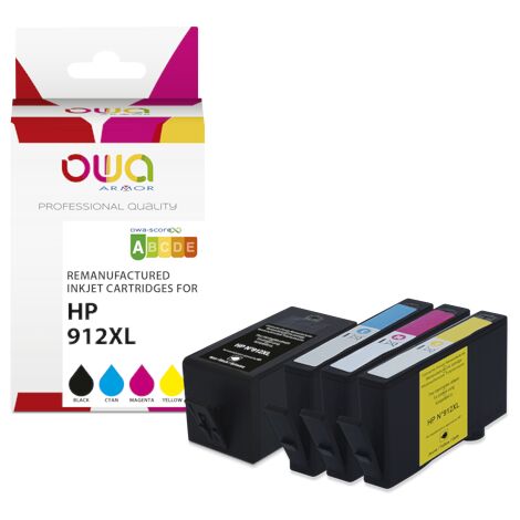 Pack de 4 cartouches OWA compatible HP912XL Noir Cyan Magenta Jaune pour imprimante jet d'encre (1/5)