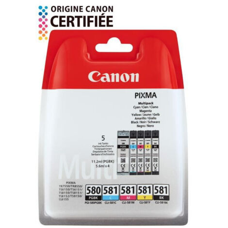 Canon PGI580-PGI581-CLI581 Pack 5 cartouches : 1 noire + 1 noire pigmentée + cartouches couleurs pour imprimante jet d'encre (1/5)