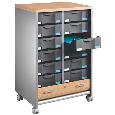 Desserte mobile aluminium - rideaux hêtre - 12 tiroirs anthracite - Maxiburo (1/2)