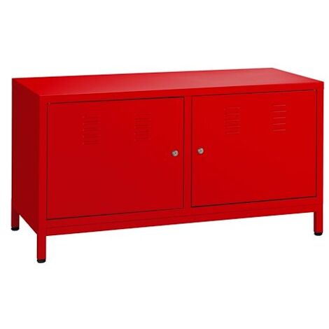 Bahut métal rouge à portes battantes – Structure en tôle d’acier 9/10e – Dimensions H 65 x L 119 x P 50 cm – 2 compartiments avec serrure