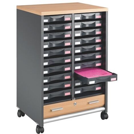 Desserte mobile aluminium - rideaux hêtre - 20 tiroirs anthracite - Maxiburo (1/3)