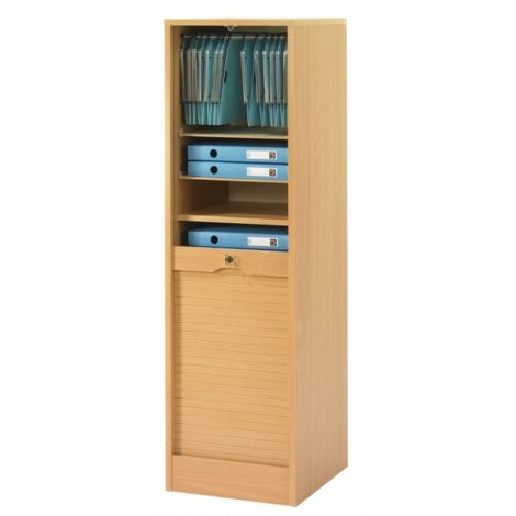 Beaux Meubles Pas Chers – Classeur à rideau 8 tablettes – Dimensions L 41,4 cm x H 140,4 cm x P 44 cm – Rideau coulissant en bois massif – Sécurisé par serrure