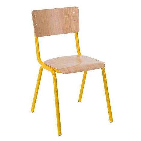 Chaise scolaire T6 color jaune – Lot de 4 – Assise hêtre multiplis vernis – Piètement tube rond Ø 25mm – Poids 4,8kg (1/2)