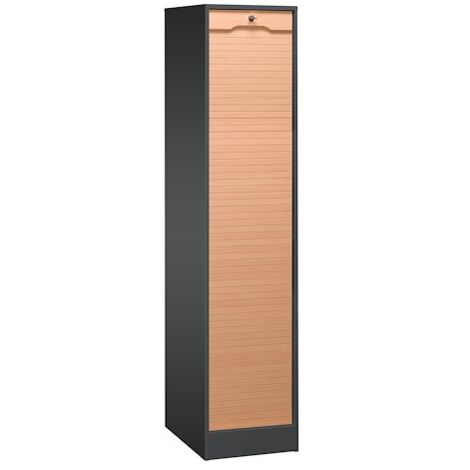 Beaux Meubles Pas Chers – Classeur à rideau en bois massif H 170 cm – Corps en panneaux mélaminés – 10 tablettes réglables – Serrure incluse