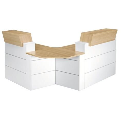 Banque d'accueil haute droite L 120 x H 110 cm – Panneaux mélaminés 25 mm – Chants ABS 2 mm – Piètement blanc – Tablette amovible réglable – Gautier