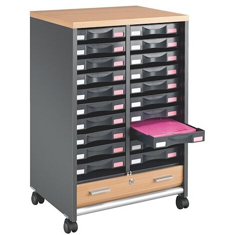Desserte mobile anthracite - rideaux hêtre - 20 tiroirs anthracite - Maxiburo (1/2)