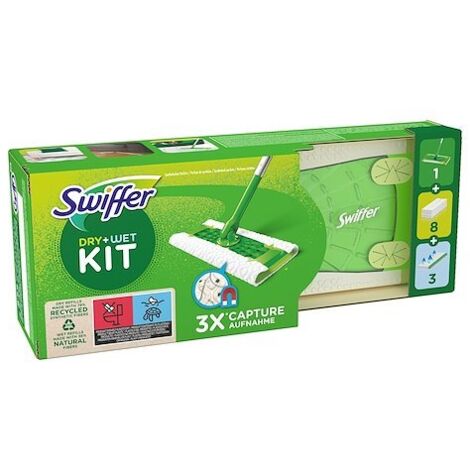 Kit de nettoyage avec 8 lingettes sèches et 3 lingettes humides – Capacité électrostatique pour poussière – Tête pivotante pour accès facile – Swiffer