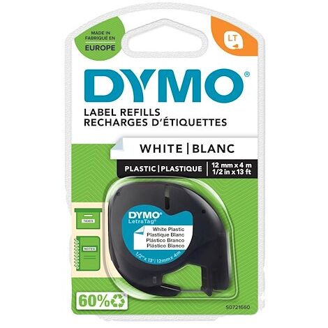 Ruban étiqueteuse plastique Dymo Letratag S0721610 fond blanc écriture noire 12 mm