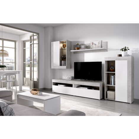 Composición de salón Mueble TV con luz LED + Mesa de Centro + Mesa de Comedor, Cemento/Blanco – TOKIO