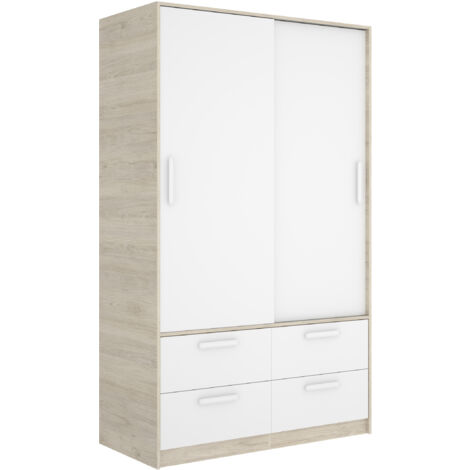 DEKIT - ARMARIO SLIDE CON DOS PUERTAS DORREDERAS Y CUATRO CAJONES - 204 x 120 x 60 cm - BLANCO / NATURAL
