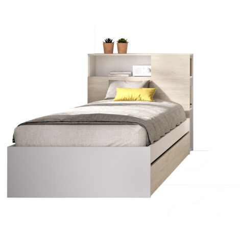 DEKIT TEN - CAMA CON CABEZAL Y ARO DE CAMA DE 90X190 CON ARRASTRE - BLANCO / NATURAL - 96 x 99 x 218,2