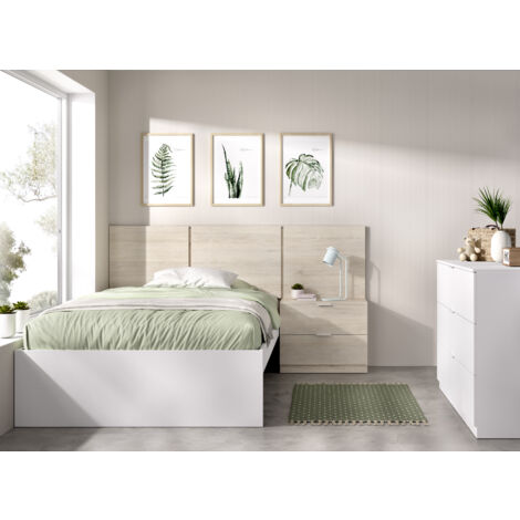 DEKIT GRUPO RIMOBEL BITO PACK - CONJUNTO DE CABEZAL CON MESITA DE 2 CAJONES, ARO DE CAMA 90X190 Y COMODA DE 3 CAJONES - BLANCO / NATURAL