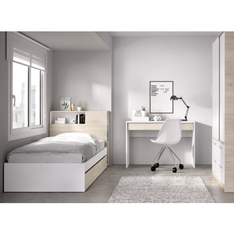 DEKIT GRUPO RIMOBEL TEN PACK - CONJUNTO DE CAMA CON CABEZAL Y DOS CAJONES, MESA ESCRITORIO Y ARMARIO DE 2 PUERTAS CORREDERAS Y 4 CAJONES - BLANCO / NATURAL