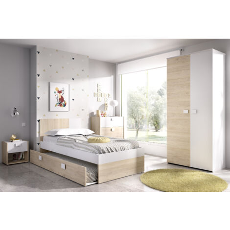 DEKIT GRUPO RIMOBEL DINA PACK - CONJUNTO DE CAMA 190X90 CON ARRASTRE, MESITA DE NOCHE, COMODA DE 3 CAJONES Y ARMARIO - NATURAL / BLANCO