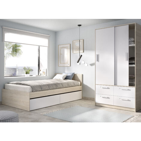 DEKIT GRUPO RIMOBEL TOP PACK - CONJUNTO DE CAMA CON 2 CAJONES Y ARMARIO DE 2 PUERTAS CORREDERAS Y 4 CAJONES - BLANCO / NATURAL