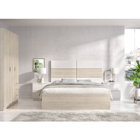 DEKIT GRUPO RIMOBEL ASTRA PACK - CONJUNTO DE CABEZAL CON DOS MESITAS DE 2 CAJONES, ARO CAMA DE 135/140X190 Y ARMARIO DE 3 PUERTAS Y 2 CAJONES - BLANCO / NATURAL