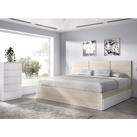 DEKIT GRUPO RIMOBEL HAVANA PACK - CONJUNTO DE CABEZAL DE 3 PLAFONES CON 4 CAJONES, ARO DE CAMA 135/140X190 Y XIFONIER DE 5 CAJONES - NATURAL / BLANCO