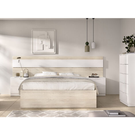 DEKIT GRUPO RIMOBEL NIZA PACK - CONJUNTO DE CABEZAL CON DOS MESITAS DE 2 CAJONES, XIFONIER DE 5 CAJONES Y ARO CAMA DE 135/140X190 - NATURAL / BLANCO