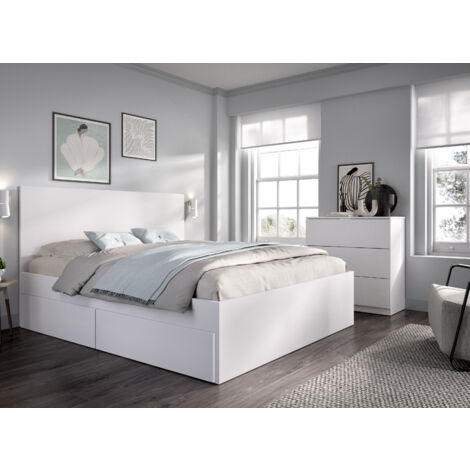 DEKIT GRUPO RIMOBEL LAGO PACK - CAMA PARA DORMITORIO 135/140X190 CON 4 CAJONES Y XIFONIER DE 5 CAJONES - BLANCO