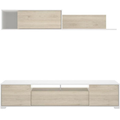 DEKIT - Composición de salón TV con puertas y estante color Blanco Brillo / Natural 180x200x41 cm modelo Ken
