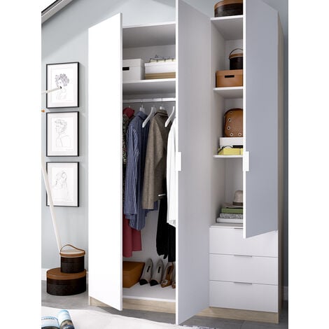 DEKIT - Armario 3 puertas y 3 cajones color Blanco/Natural 184x121x52 cm modelo ESSEN