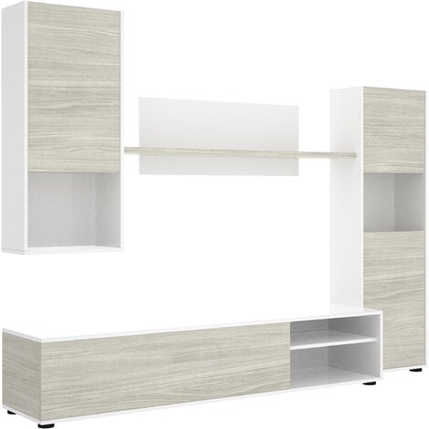 Composición de salón TV Modular color Blanco Brillo / Gris Malla 180x220x41 cm modelo LUKA - B. BRILLO / GRIS MALLA