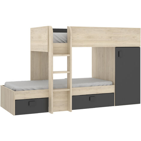 Cama tren con armario y cajones grafito/natural 150x195-255x112-199 cm – Montaje reversible en L – Tiradores ABS y bisagras metálicas – Dekit (1/5)