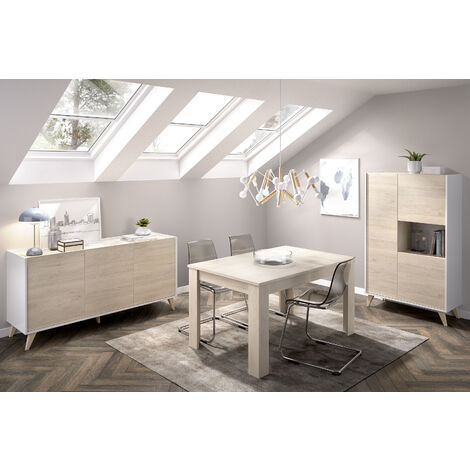 Composición de salón comedor con Mesa Extensible + Aparador Alto + Aparador 3 puertas, Blanco y Roble Natural - NESS 4
