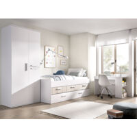 DEKIT GRUPO RIMOBEL PACK LEKA - CONJUNTO DE CAMA COMPACTA CON 3 CAJONES, ARMARIO Y MESA ESCRITORIO - BLANCO / ALISTONADO
