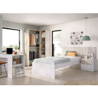 DEKIT GRUPO RIMOBEL LION PACK - CONJUNTO DE CABEZAL CON MESITA DE 2 CAJONES, ARO DE CAMA 90X190, MESA ESCRITORIO Y ARMARIO VESTIDOR - BLANCO / ALISTONADO