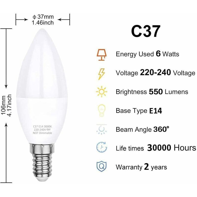 LUTW Ampoule LED E14 Blanc Froid 6500K, Ampoule Bougie LED C37, 5W