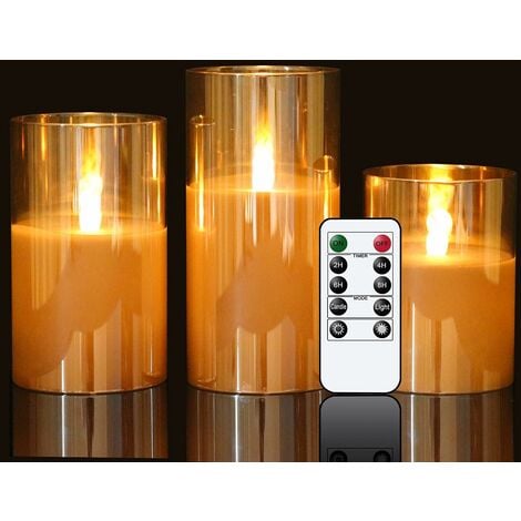 STOL Lot de 3 bougies en verre doré à pis avec minuteur et télécommande à  10 touches, sans flamme, D en cire véritab, bougie à lumière chaude  vacillante