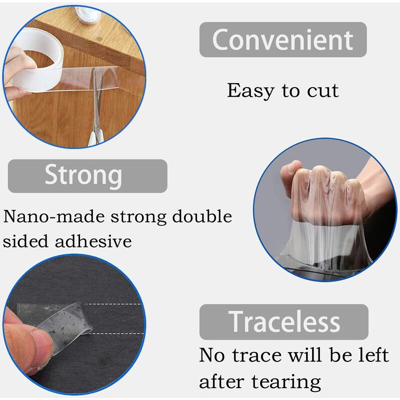 Nano Adhésif Anti-Slip Puissant Transparent Drenky Ruban Adhésif Double Face Extra Fort Réutilisable & Lavable Multifonctionnel Traceless Tape 3m x 3cm 