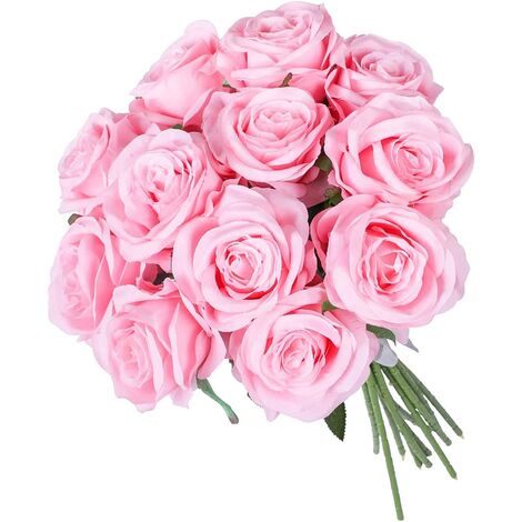 12Pcs Roses Fleurs Artificielles Réalistes Fleurs à Tige Unique Bouquet de  Roses en Soie (Rose)