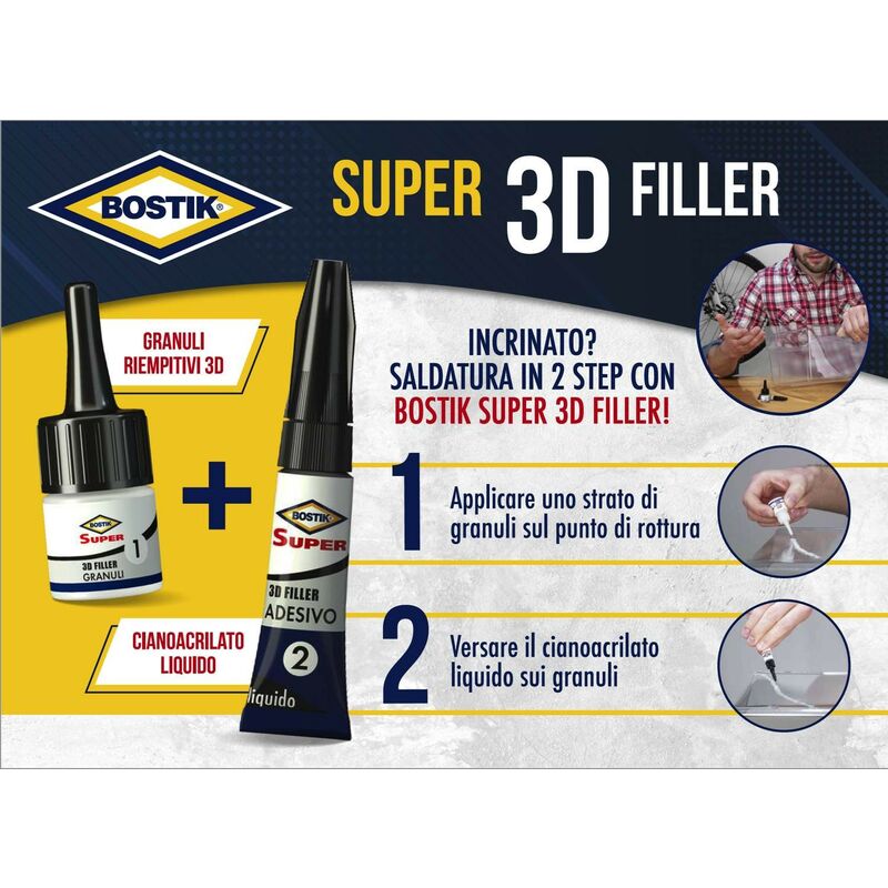 Super adesivo cianoacrilato liquido con granuli Bostik Super 3D Filler 9gr  + 3gr